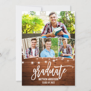 Brush Script Wood Lights 4 Photo Graduation  Announcement