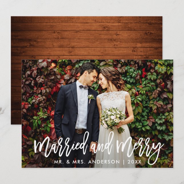 Brush Script Wood Married & Merry Christmas Card (Front/Back)