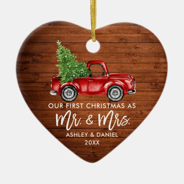 Brush Script Wood Red Truck First Christmas Heart Ceramic Ornament (Front)