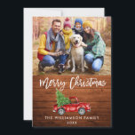 Brush Script Wood Vintage Truck Christmas Card<br><div class="desc">Rustic Wood Brush Script Watercolor Vintage Red Truck with Tree Photo Christmas Card</div>