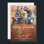 Brush Script Wood Vintage Truck Christmas Card<br><div class="desc">Rustic Wood Brush Script Watercolor Vintage Red Truck with Tree Photo Christmas Card</div>