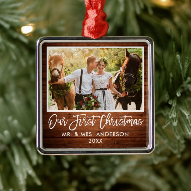 Brush Script Wood Wedding Our First Christmas Metal Ornament (Tree)