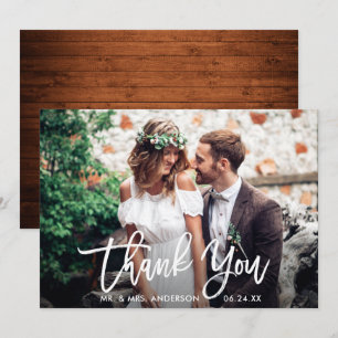 Brush Script Wood Wedding Photo Thank You Card