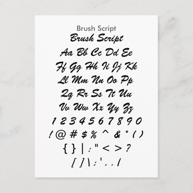 Brush Script - Zazzle Font Sampler Sheet Postcard (Front)