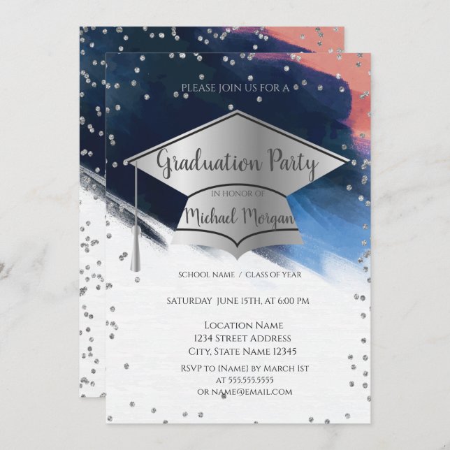 Brush Stroke  Graduation Cap,Diamonds Graduation Invitation (Front/Back)