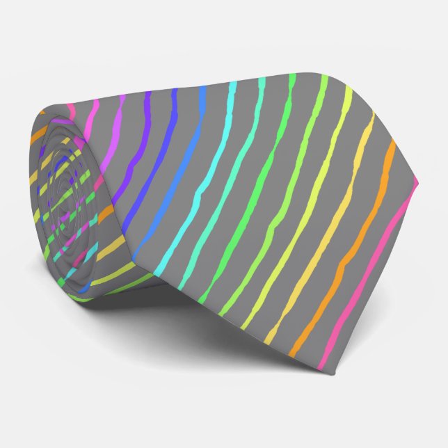 Brush Stroke Rainbow Striped Silver Two-sided Tie (Rolled)