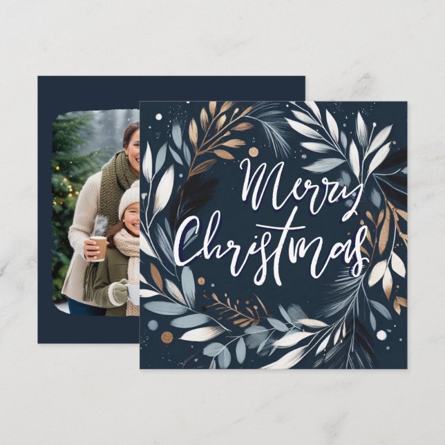 Brush stroke wreath Blue Merry Christmas  Holiday Card (Front/Back)
