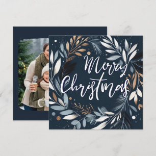 Brush stroke wreath Blue Merry Christmas Holiday Card