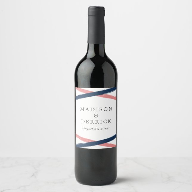Brush Strokes Wedding Wine Label | Navy Coral (Front)