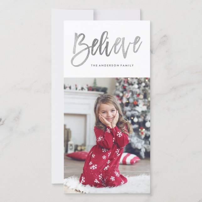 Brushed Believe Silver Holiday Photo Card (Front)
