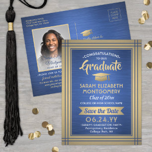 Brushed Blue and Gold Graduate Photo Save the Date Announcement Postcard