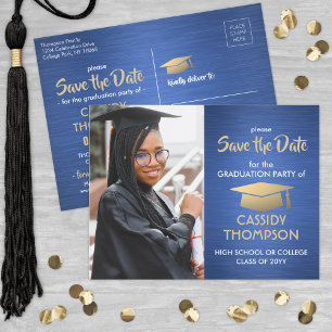 Brushed Blue & Gold Graduation Photo Save the Date Postcard