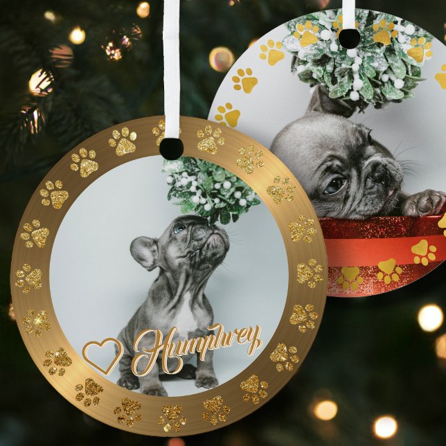 Brushed Brass Gold Glitter Paw Pet Name Christmas Metal Ornament (Creator Uploaded)