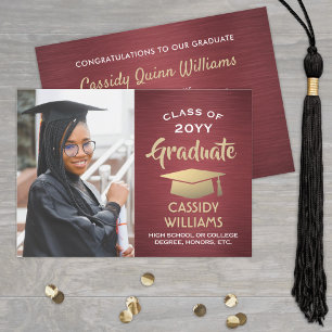 Brushed Burgundy & Gold Graduate Photo Graduation Invitation