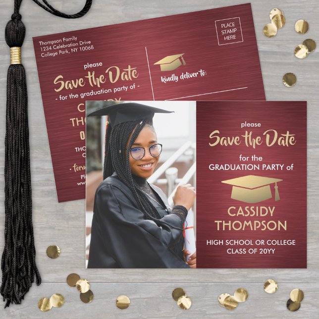 Brushed Burgundy Graduation Photo Save the Date Postcard (Creator Uploaded)