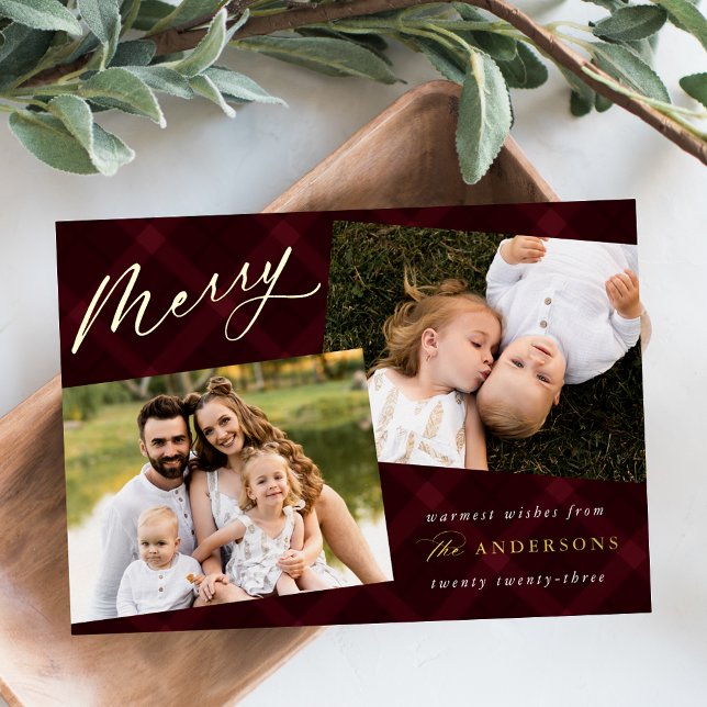 Brushed Burgundy Plaid Photo Foil Holiday Card (Creator Uploaded)
