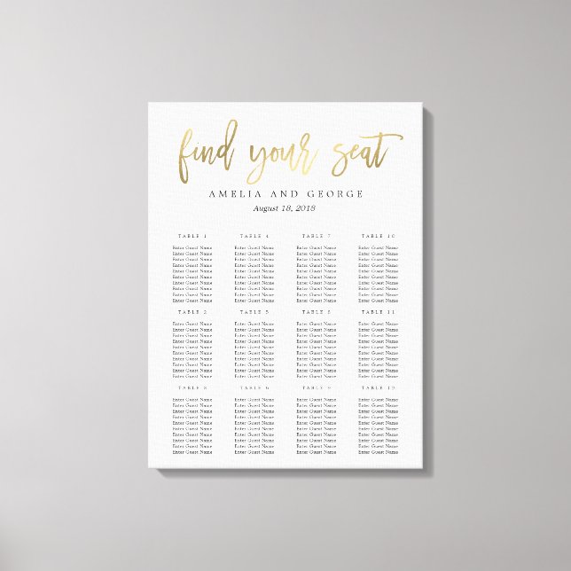 Brushed Calligraphy Seating Chart Canvas Faux Gold Print (Front)