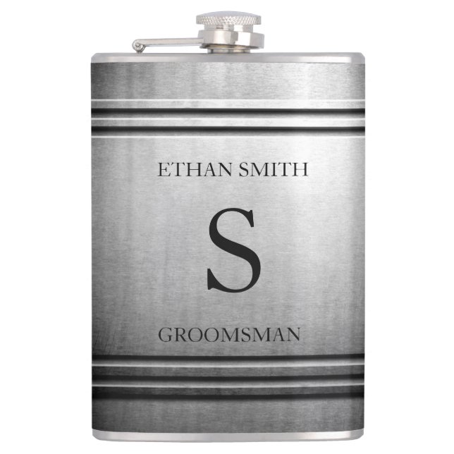 Brushed Chrome Sleek Personalized Flask for HIM (Front)