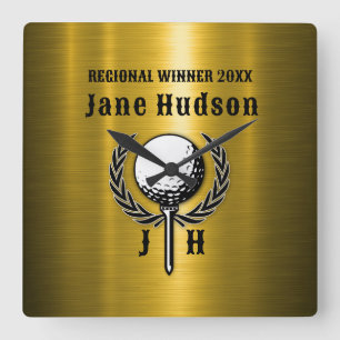 Brushed Gold Custom Golf Monogram Design Square Wall Clock