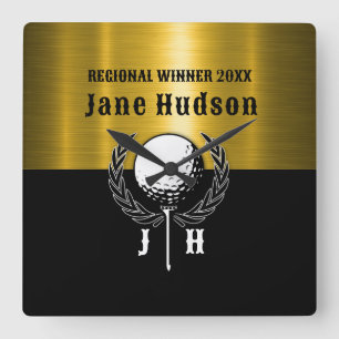 Brushed Gold Custom Golf Monogram Design Square Wall Clock