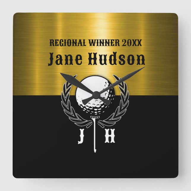 Brushed Gold Custom Golf Monogram Design Square Wall Clock (Front)