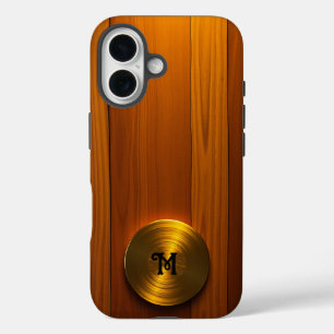 Brushed Gold Disc on Amber Wood iPhone 16 Case