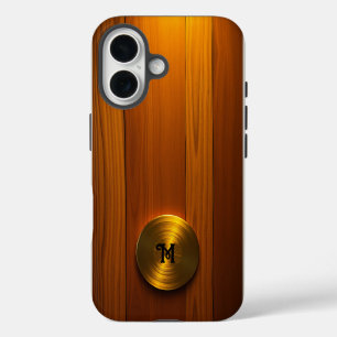Brushed Gold Disc on Amber Wood iPhone 16 Case