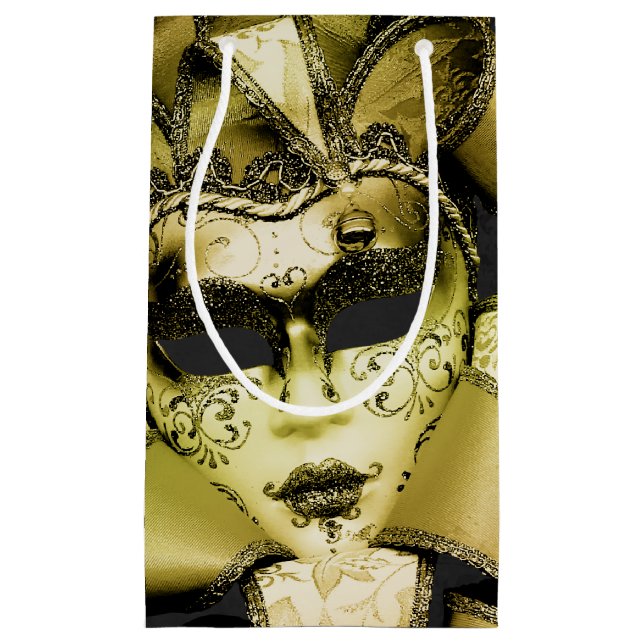 Brushed Gold Mardi Gras Masquerade Small Gift Bag (Front)