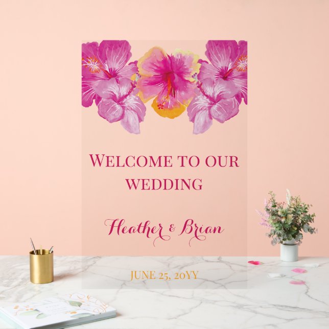 Brushed Hibiscus Floral Wedding Acrylic Sign (Wedding)