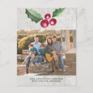 Brushed Holly and Berries Holiday Photo Postcard