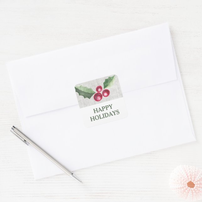 Brushed Holly and Berries Holiday Square Sticker (Envelope)