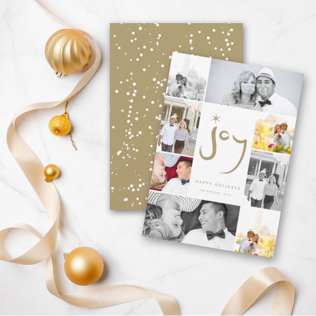 Brushed Joy Calligraphy Star Gold 6 Photo Collage Holiday Card (Creator Uploaded)