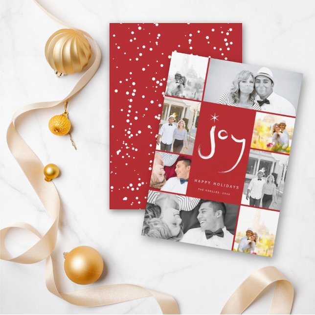 Brushed Joy Calligraphy Star White 6 Photo Collage Holiday Card (Creator Uploaded)