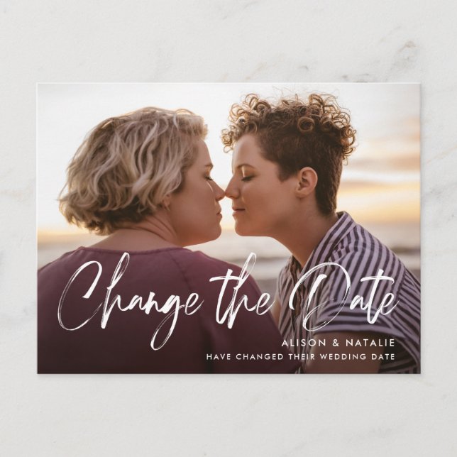 Brushed Lettering Change the Date Postponement Announcement Postcard (Front)