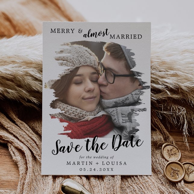 Brushed Merry & Almost Married Save the Date Holiday Card (Creator Uploaded)