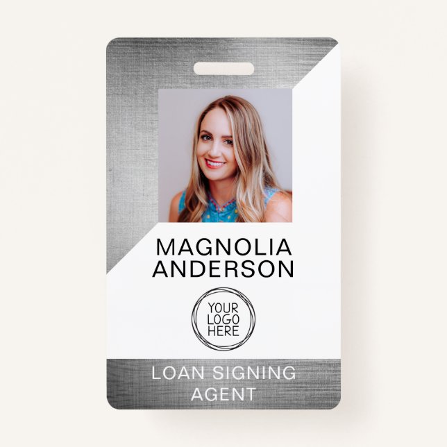 Brushed Metal Employee Photo Logo Barcode Name Bad Badge (Front)