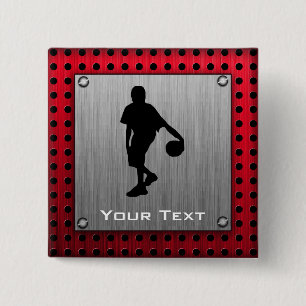Brushed metal look, Basketball; red 2 Inch Square Button