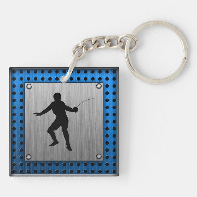 Brushed metal look Fencing Silhouette Keychain (Back)