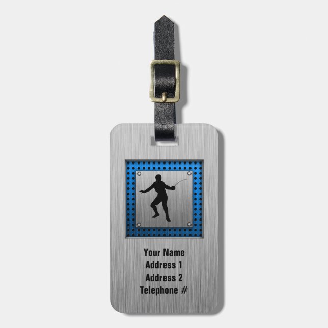 Brushed metal look Fencing Silhouette Luggage Tag (Front Vertical)