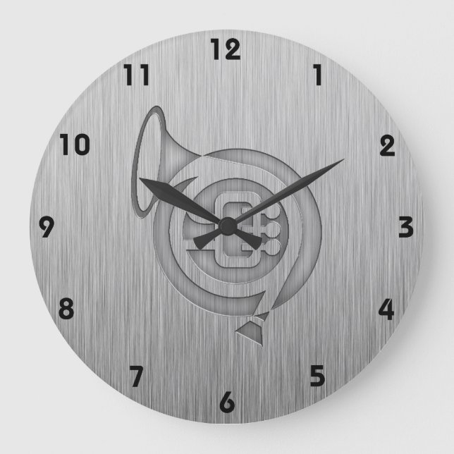Brushed metal-look French Horn Large Clock (Front)