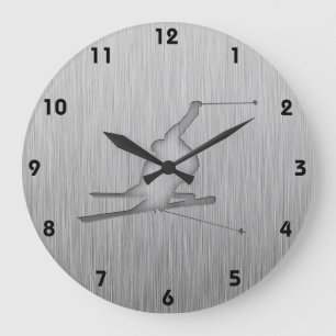 Brushed Metal-look Snow Skiing Large Clock
