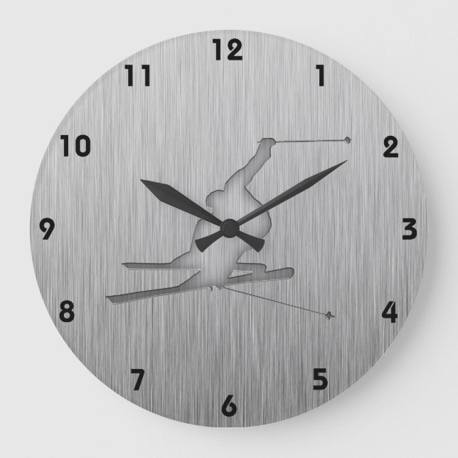 Brushed Metal-look Snow Skiing Large Clock (Front)