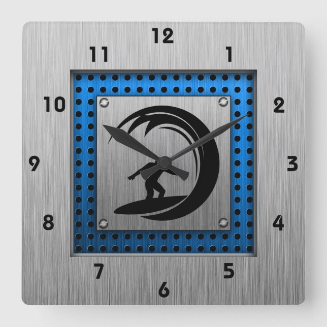 Brushed Metal look Surfing Square Wall Clock (Front)