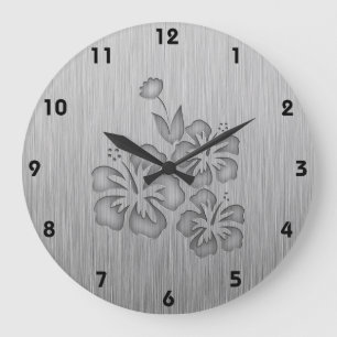 Brushed Metal-look Tropical Flowers Large Clock