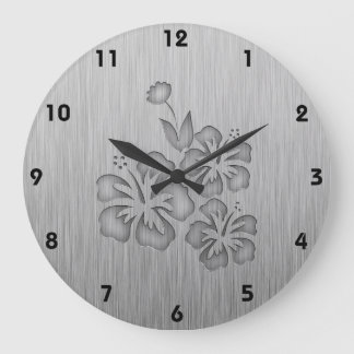 Brushed Metal-look Tropical Flowers Large Clock
