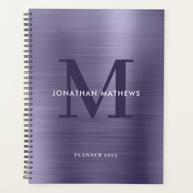 Brushed Metal Midnight Purple Classic Monogram Planner (Front)