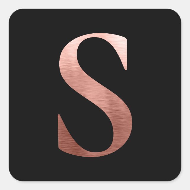 Brushed Metal Rose Gold Monogram S Black Square Sticker (Front)