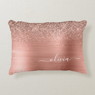 Brushed Metal Rose Gold Pink Glitter Monogram Accent Pillow