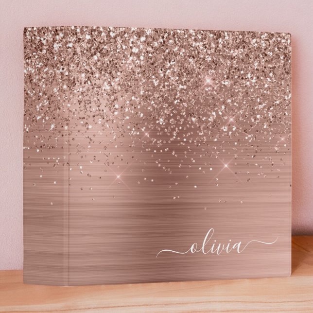 Brushed Metal Rose Gold Pink Glitter Monogram Binder (Creator Uploaded)