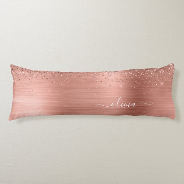Brushed Metal Rose Gold Pink Glitter Monogram Body Pillow (Front)